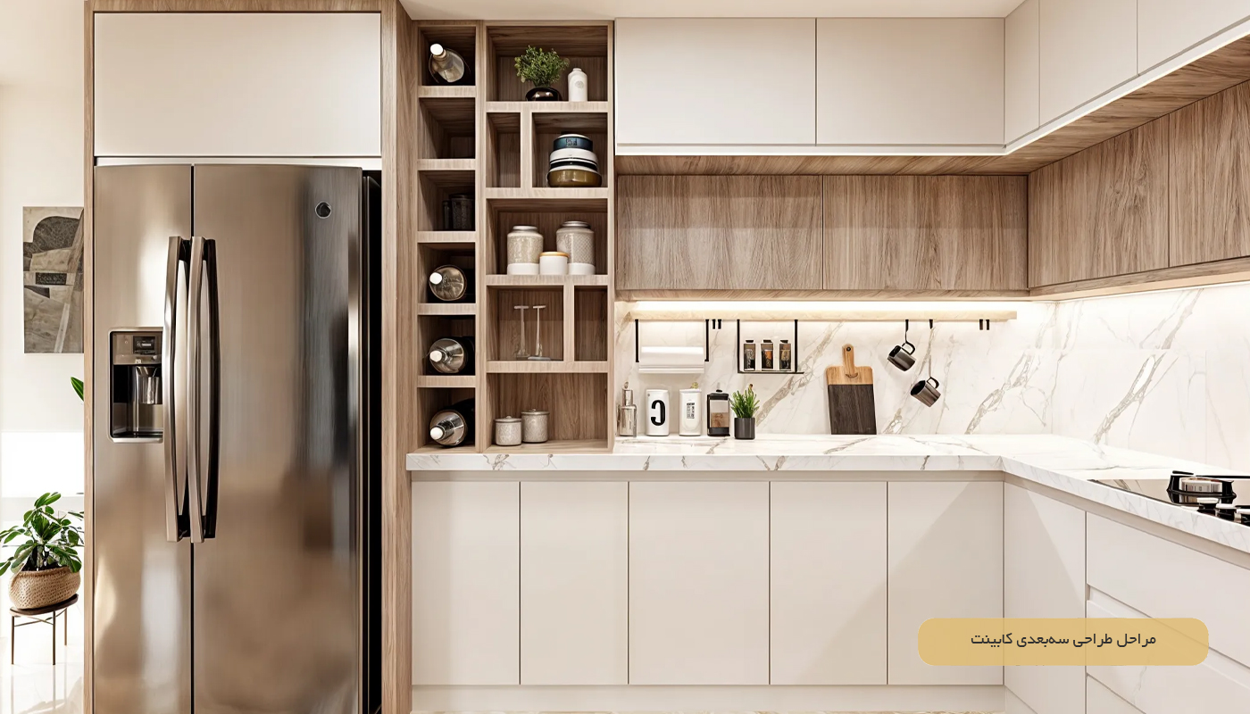 مراحل طراحی سه‌ بعدی کابینت در آدخ چوب